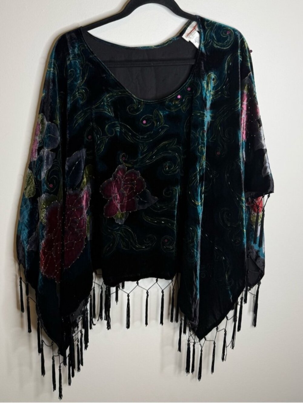 Coldwater Creek Black Velvet Floral Fringe poncho one size
